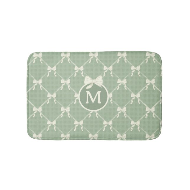 Coquette Bows Gingham Monogram Cream Sage Green  Bath Mat (Front)