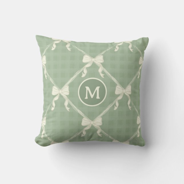 Coquette Bows Gingham Monogram Cream Sage Green  Cushion (Front)