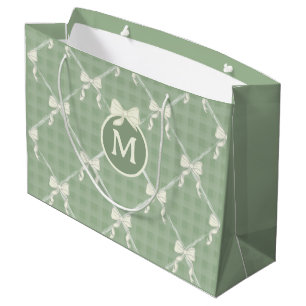Coquette Bows Gingham Monogram Cream Sage Green  Large Gift Bag