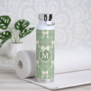 Coquette Bows Gingham Monogram Cream Sage Green Water Bottle