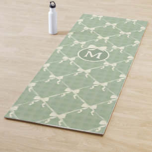 Coquette Bows Gingham Monogram Cream Sage Green  Yoga Mat