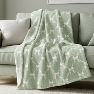 Coquette Bows Gingham Pattern Cream Sage Green Fleece Blanket