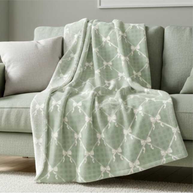 Coquette Bows Gingham Pattern Cream Sage Green  Fleece Blanket (Creator Uploaded)