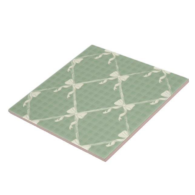 Coquette Bows Gingham Pattern Cream Sage Green  Tile (Side)
