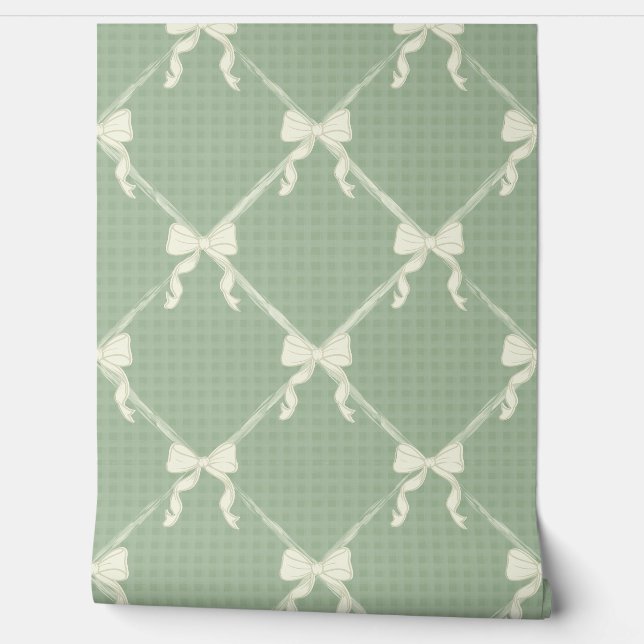 Coquette Bows Gingham Pattern Cream Sage Green  Wallpaper (Unrolling)