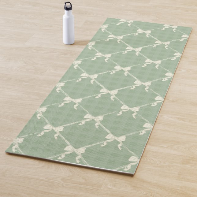 Coquette Bows Gingham Pattern Cream Sage Green  Yoga Mat (In Situ)