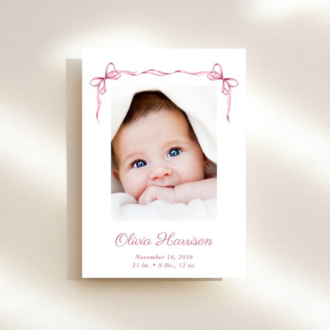 Coquette Bows Photo Baby Girl Birth Announcement (A beautiful and unique way to thank family and friends and introduce them to your precious  baby)