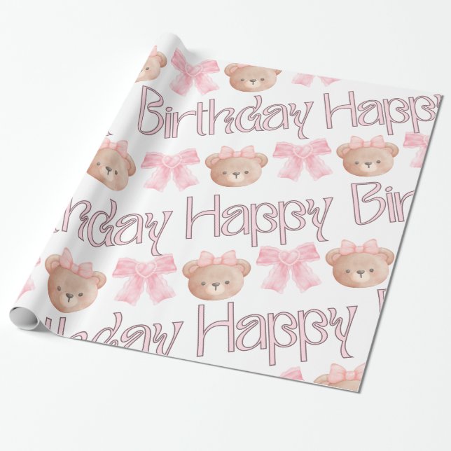 Coquette Bows & Teddy Bear - Happy Birthday  Wrapping Paper (Unrolled)