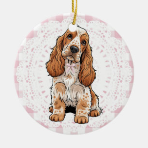 Coquette Brittany Spaniel Dog Pink Gingham Bows Ceramic Tree Decoration