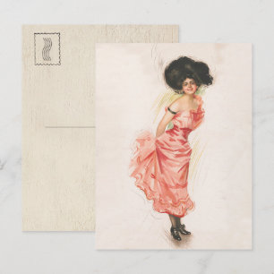 Coquette Brunette Woman in Pink Silk Dress Postcard