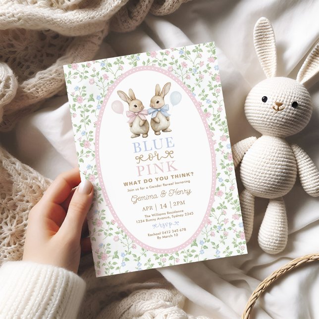 Coquette Bunny Rabbit Blue or Pink Gender Reveal Invitation (Creator Uploaded)