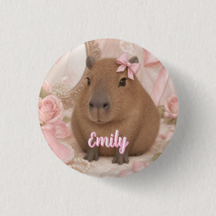 coquette capybara pink bow 3 cm round badge
