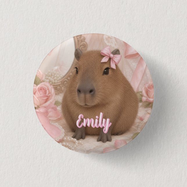 coquette capybara pink bow 3 cm round badge (Front)