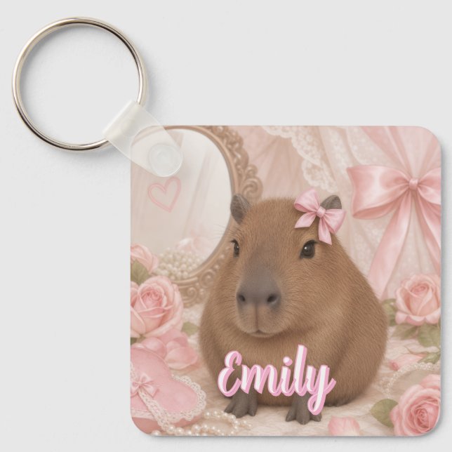 coquette capybara pink bow key ring (Front)