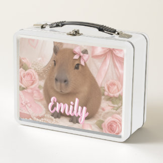 coquette capybara pink bow metal lunch box