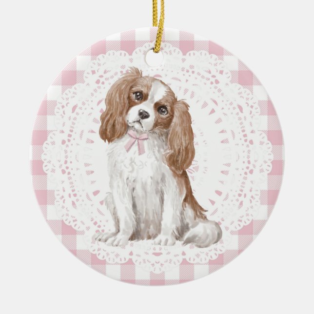 Coquette Cavalier King Charles Pink Gingham Bows Ceramic Tree Decoration (Front)