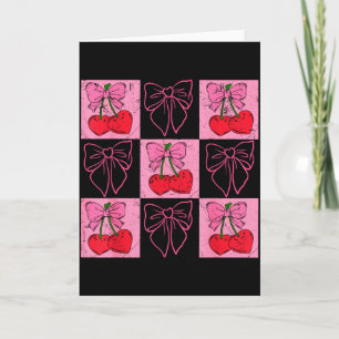 Coquette Checkred Pink Bow And Red Cherries Valent Card