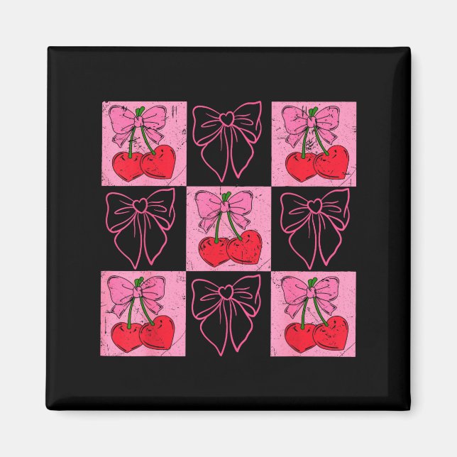 Coquette Checkred Pink Bow And Red Cherries Valent Magnet (Front)
