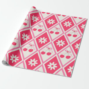 Coquette Cherries and pink bows on red diamonds Wrapping Paper