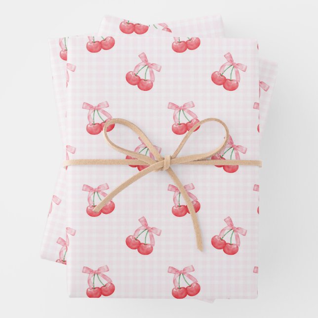 Coquette Cherries Bow Pattern  Wrapping Paper Sheet (In situ)