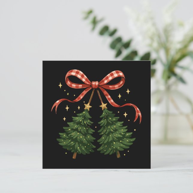 Coquette Cherries Christmas Tree Plaid Bow Winter  Holiday Card (Standing Front)