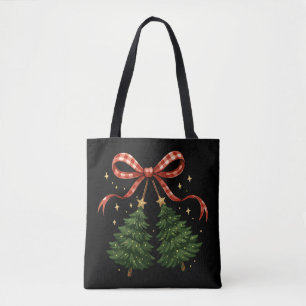 Coquette Cherries Christmas Tree Plaid Bow Winter  Tote Bag