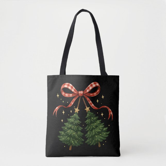 Coquette Cherries Christmas Tree Plaid Bow Winter  Tote Bag (Front)
