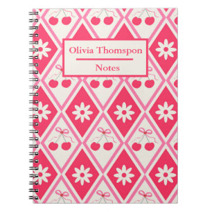 Coquette Cherries with bows on red diamonds custom Notebook