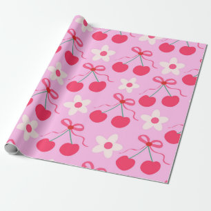 Coquette Cherries with Red Bows and White Flowers  Wrapping Paper