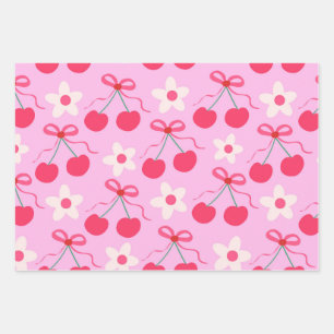 Coquette Cherries with Red Bows and White Flowers  Wrapping Paper Sheet