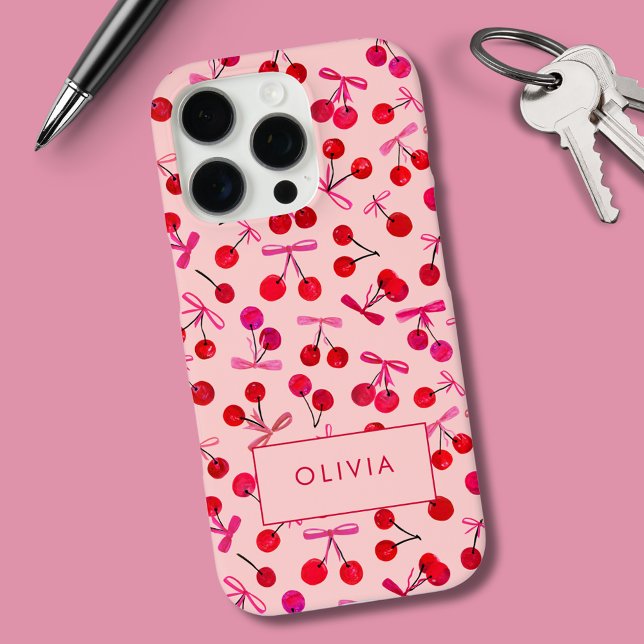 Coquette Cherry & Bow Case-Mate iPhone Case (Coquette cherry and bow girly pattern iPhone Case. Personalize with your own name or initials.)
