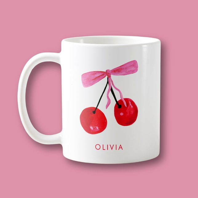 Coquette Cherry & Bow Coffee Mug (Coquette cherry and bow girly coffee mug. Personalize with your own name or initials.)