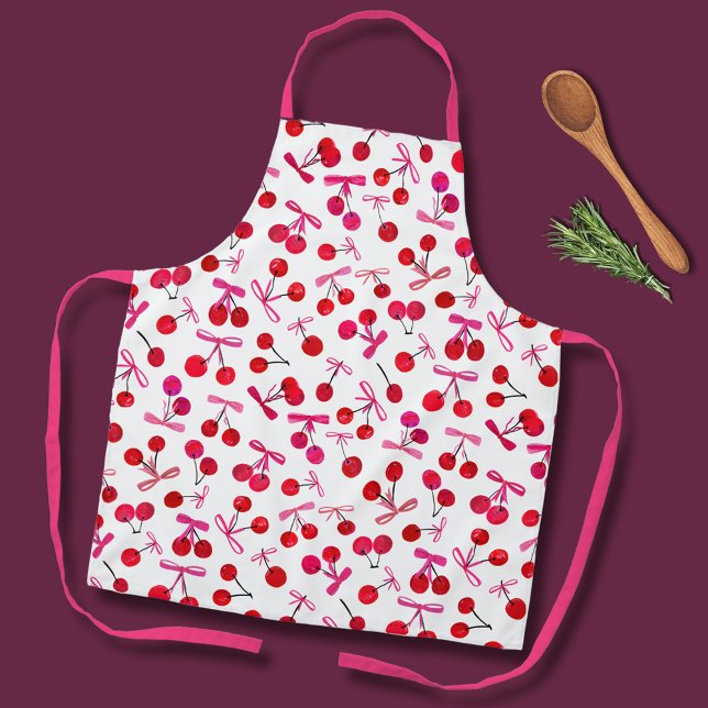 Coquette Cherry & bow pattern Apron (Coquette cherry and bow girly pattern kitchen apron. )