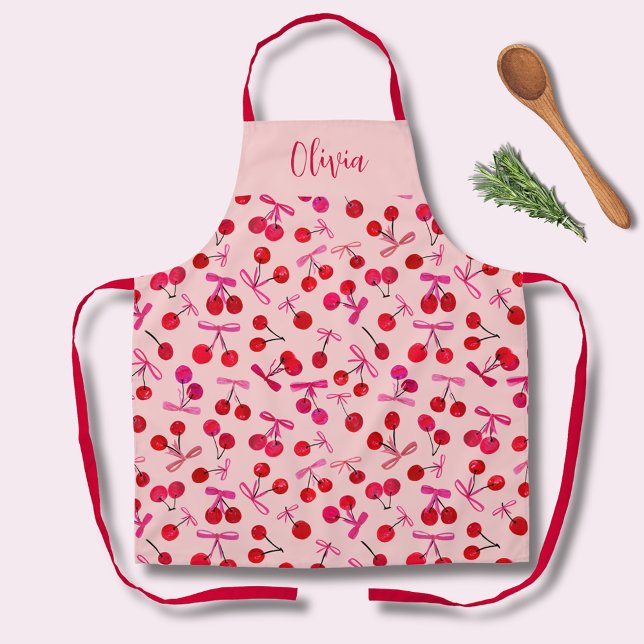 Coquette Cherry & bow pattern Apron (Coquette cherry and bow girly pattern pink kitchen apron. Personalize with your own name or initials)