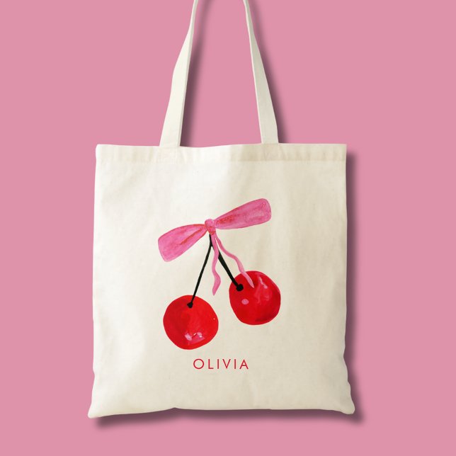 Coquette Cherry & Bow Tote Bag (Coquette cherry and bow girly tote bag. Personalize with your own name or initials.)