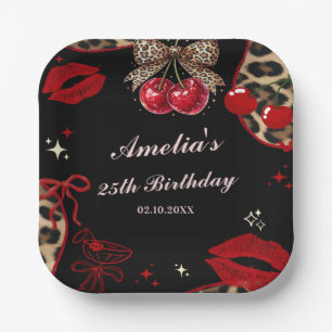 Coquette Cherry Cheetah Birthday Party Paper Plate