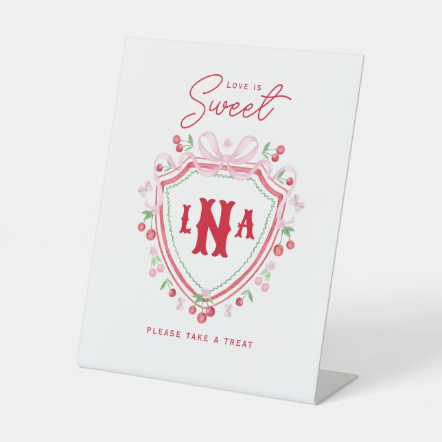 Coquette Cherry Crest Monogram | Love is Sweet Pedestal Sign (Front)