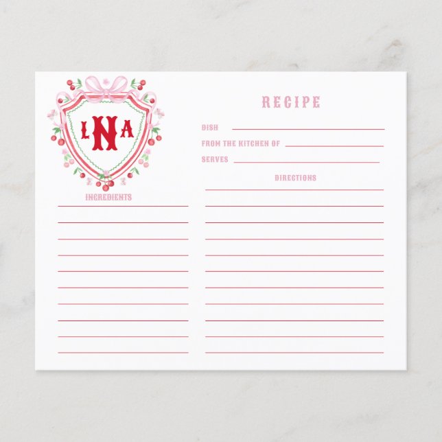 Coquette Cherry Crest Monogram  Recipe Card (Front)