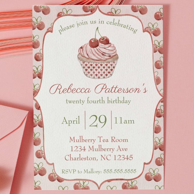 Coquette Cherry Cupcake Watercolor Birthday Party Invitation (coquette aesthetic cherry cupcake birthday invitation cute watercolor girls bday party watercolor)