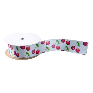 Coquette Cherry Cute Hand-Illustrated Sky Blue Satin Ribbon