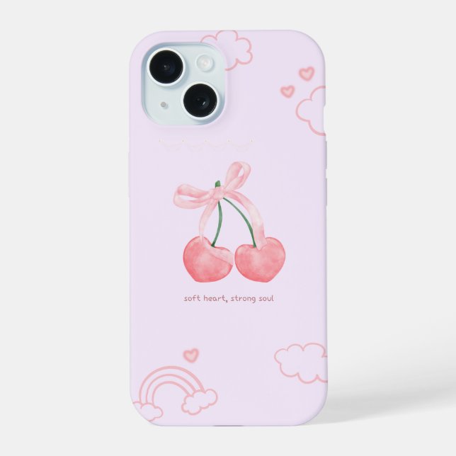 Coquette Cherry Cute Pink Bow iPhone 15 Case (Back)
