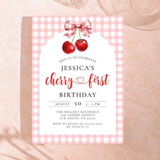 Coquette Cherry First Birthday Red Cherry Birthday Invitation (Creator Uploaded)