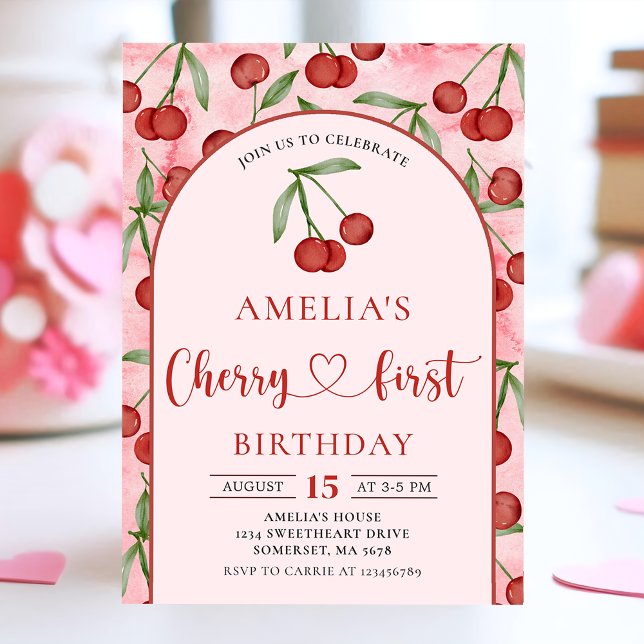 Coquette Cherry First Birthday Red Cherry Birthday Invitation (Creator Uploaded)