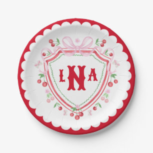 Coquette Cherry Monogram Crest Bridal Shower Paper Plate