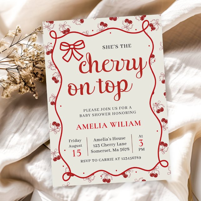 Coquette Cherry on Top Baby Shower Invitation (Creator Uploaded)