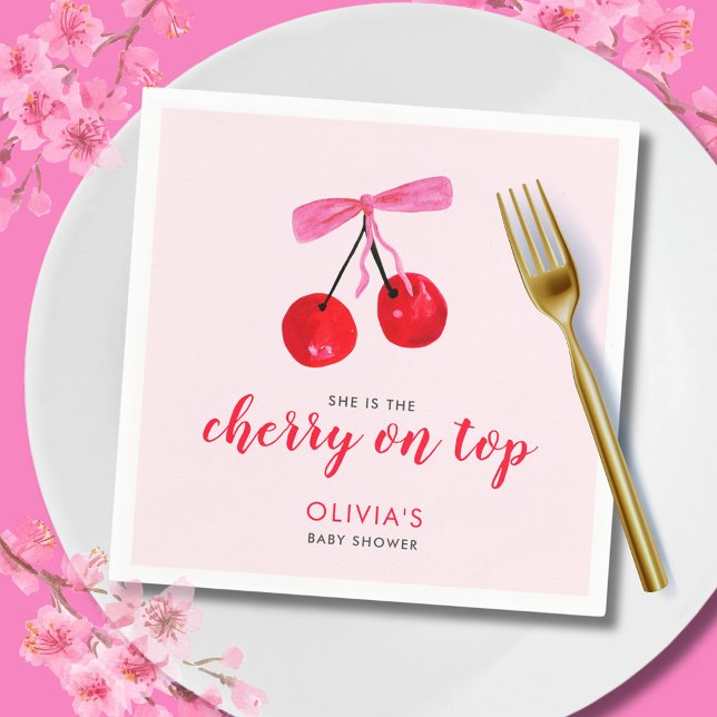 Coquette Cherry on Top Girls Baby Shower Napkin (Cherry on Top Baby Shower paper napkin with coquette cherries and pink ribbon bow)