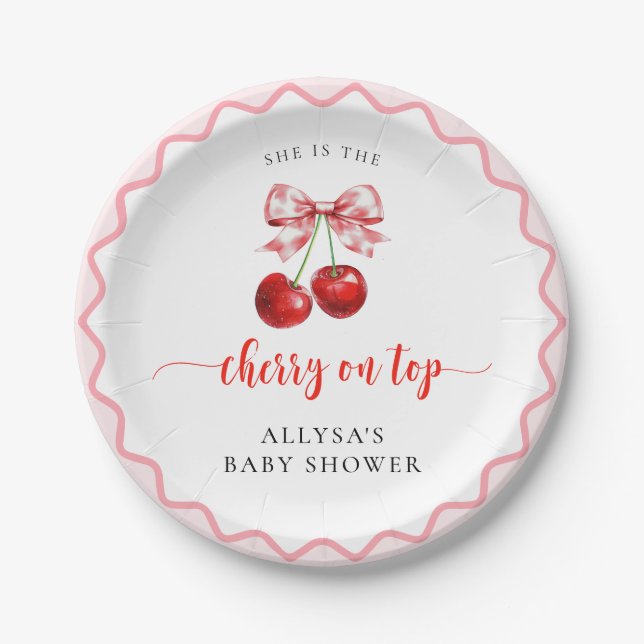 Coquette Cherry On Top Wavy Cherry Baby Shower Paper Plate (Front)