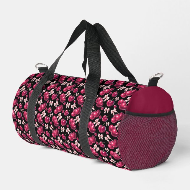 Coquette Cherry Pattern Pink Bow Aesthetic  Duffle Bag (Right Corner)