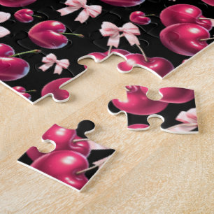 Coquette Cherry Pattern Pink Bow Aesthetic Jigsaw Puzzle
