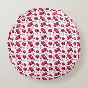 Coquette Cherry Pattern Pink Bow Aesthetic Round Cushion